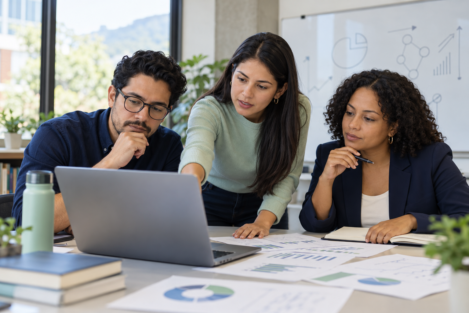 Escena ilustrativa de un equipo adulto revisando información académica.