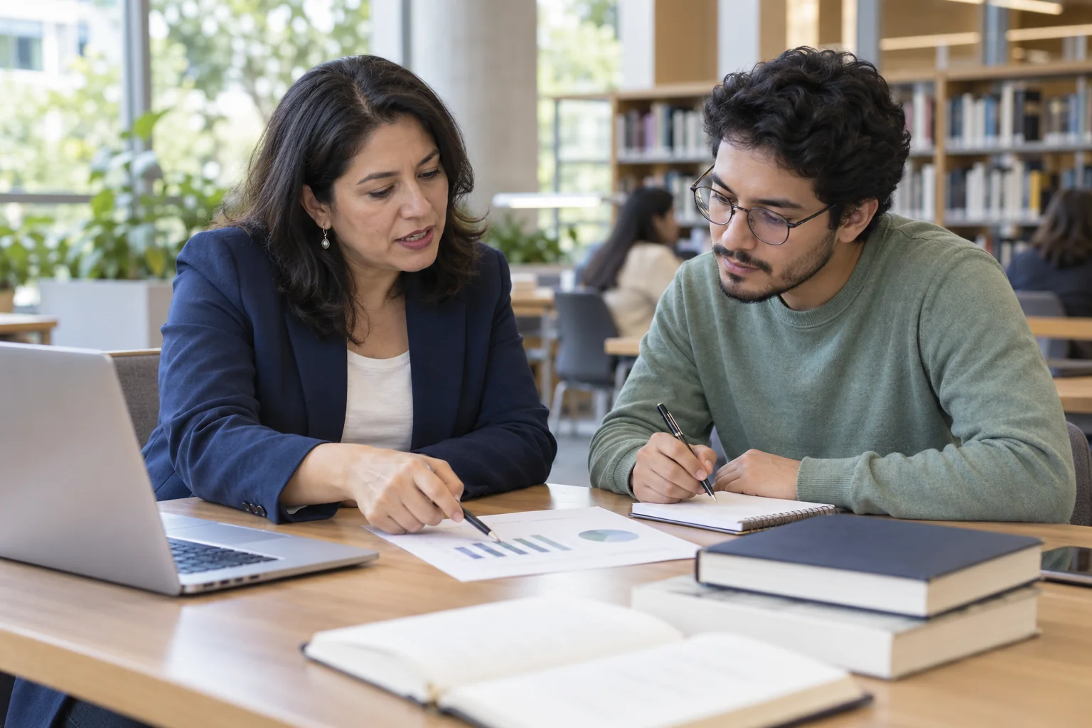 Escena ilustrativa de una conversación de orientación académica con documentos de trabajo